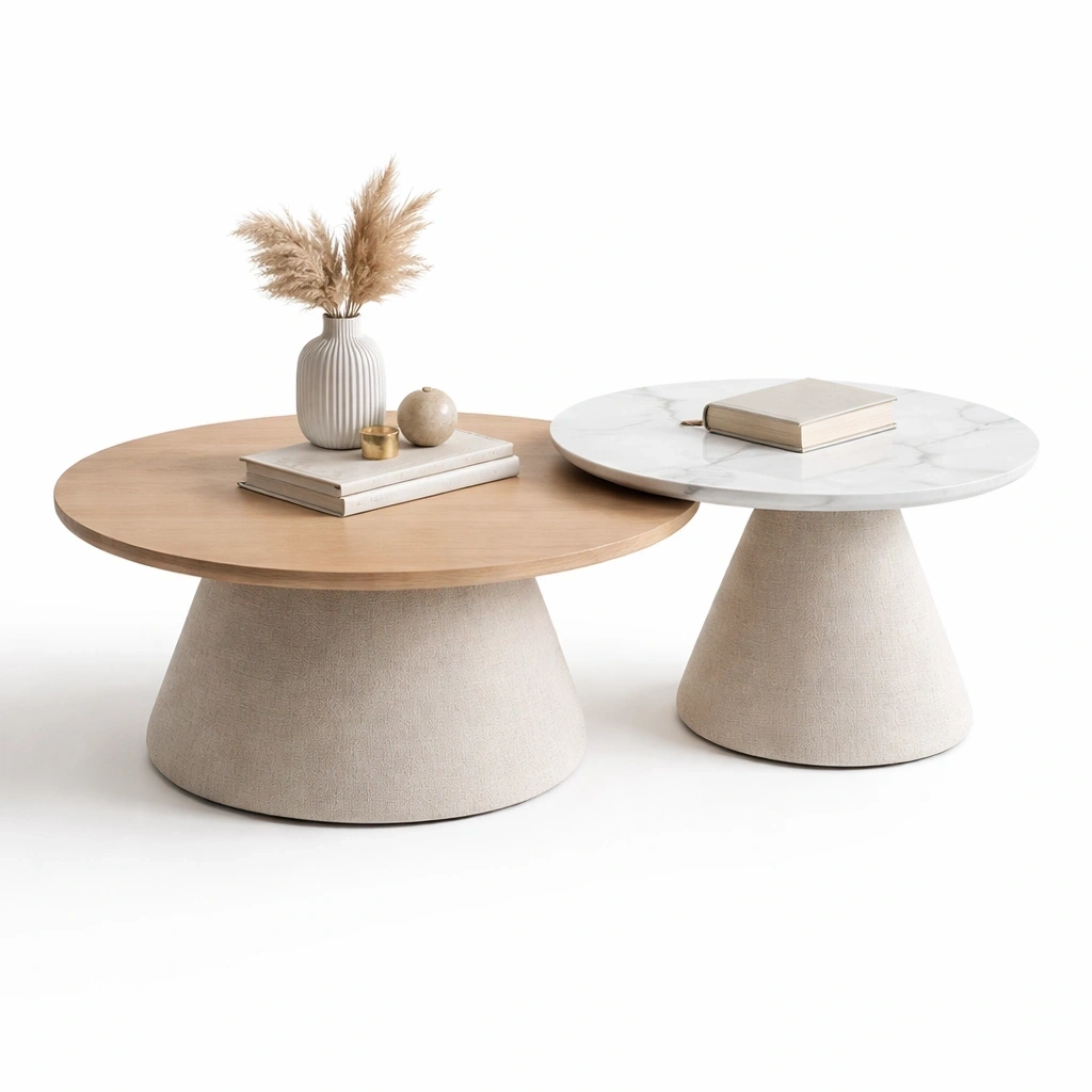 Couchtisch Set rund Holzoptik und Steinoptik