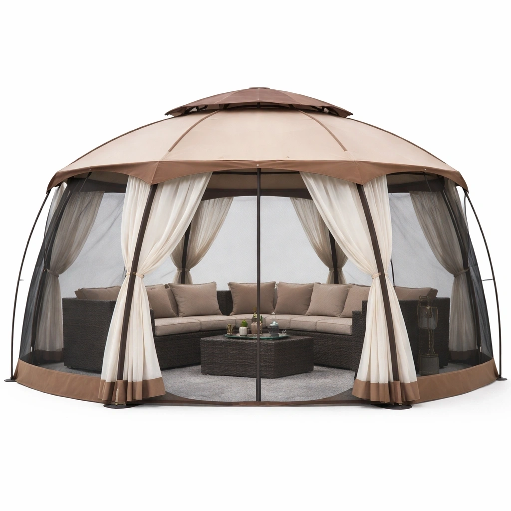 Pavillon rund Beige mit Moskitonetz