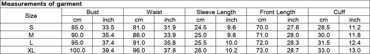 Cover-Up size chart