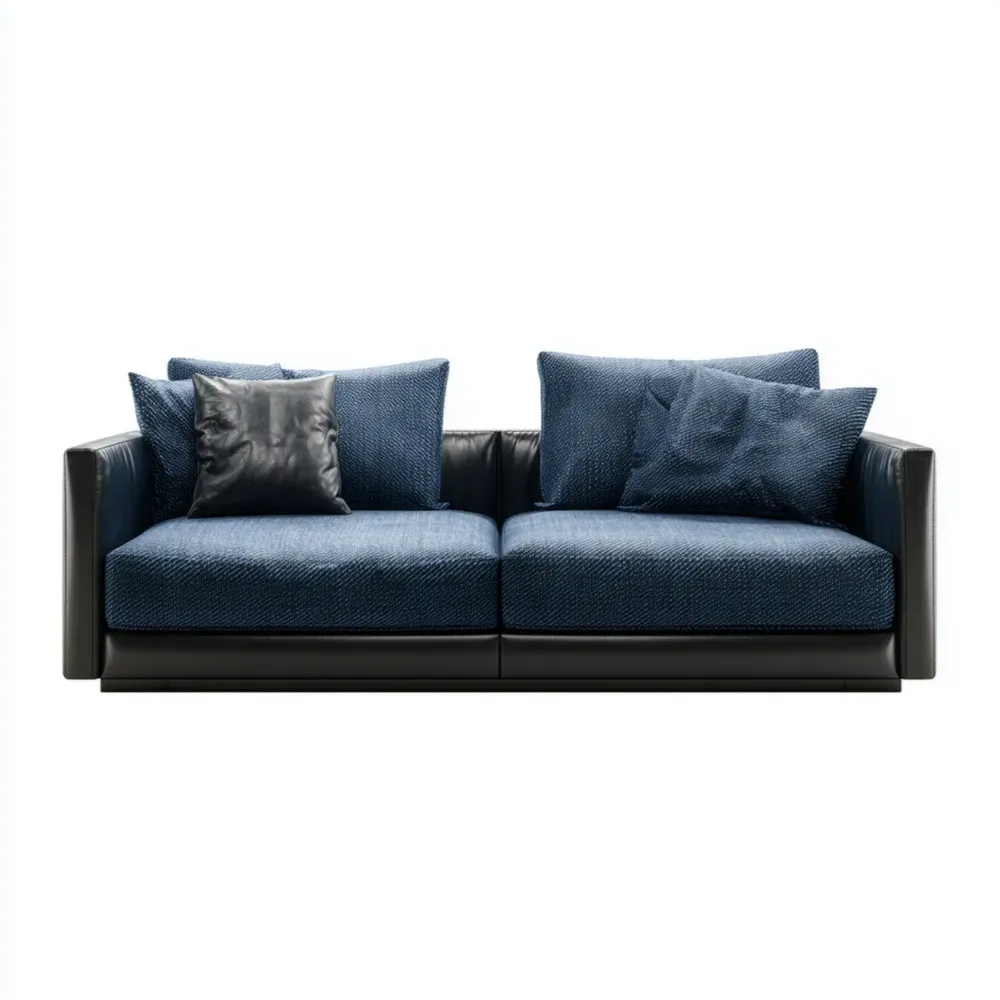 Sofá de dos plazas 180x90x80 cm - Tela y Cuero - Azul Marino/Negro - Diseño Contemporáneo