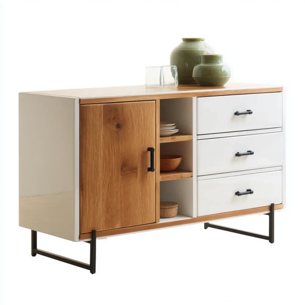 Aparador de madera y metal 120x40x75 cm - Blanco/Natural - Estilo Moderno