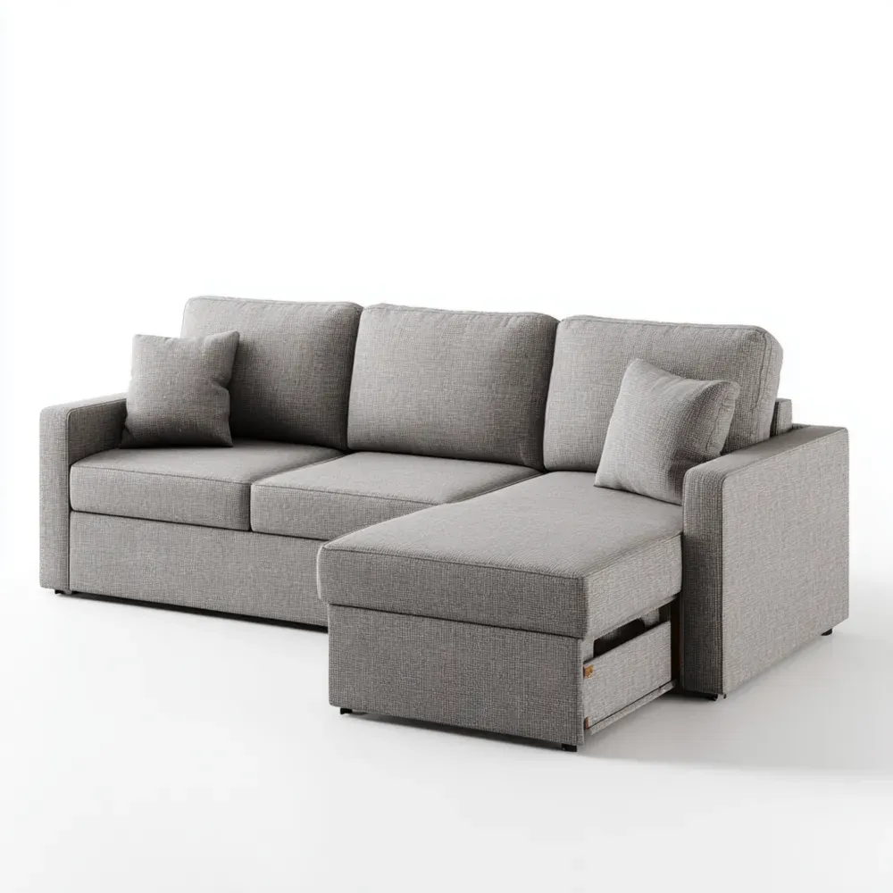 Sofá de esquina con almacenaje Tapizado en tela 200x140x70 cm – Gris Claro – Estilo moderno