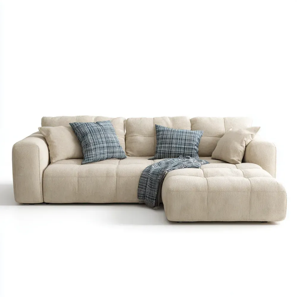 Sofá Seccional Tapizado en Tela Beige 250x150x85 cm - Diseño Moderno