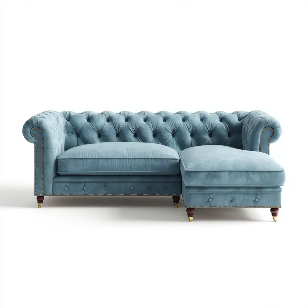 Sofá Esquinero Terciopelo 250x90x85 cm - Azul Claro - Estilo Chesterfield