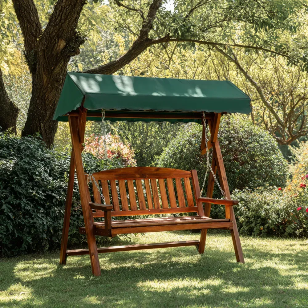 Columpio de Jardín de Madera 150x120x180 cm con Techo Verde – Marrón