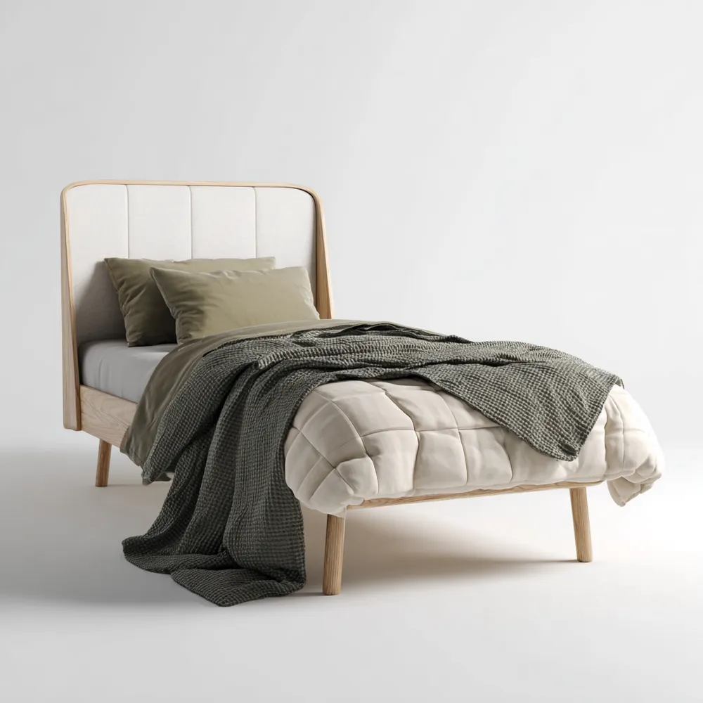 Cama Individual Madera Tapizada 200x100x100 cm – Beige – Estilo Contemporáneo