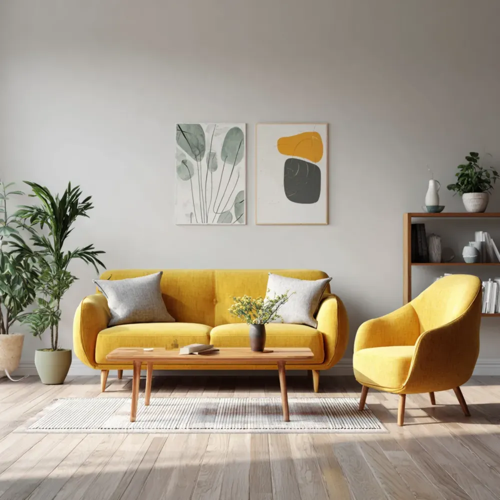 Juego de Sofá de 2 Plazas y Sillón Tapizado en Tela 160x85x75 cm y 80x85x75 cm Amarillo - Diseño Moderno