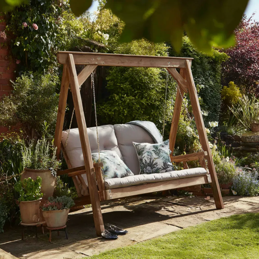 Columpio de Jardín de Madera 180x120x160 cm con Cojines - Beige - Rústico