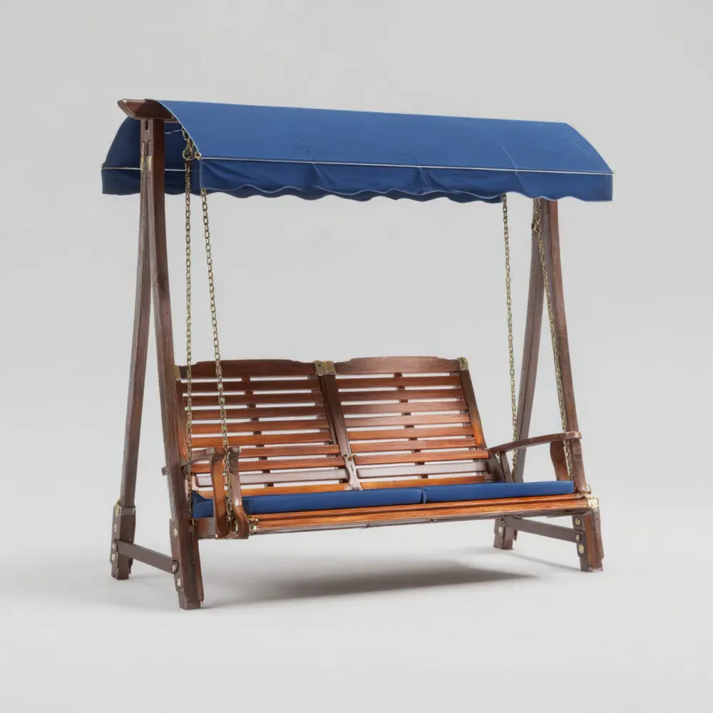 Columpio de Patio de Madera 120x150x160 cm con Cojín Azul y Toldo Moderno