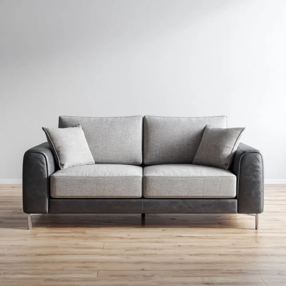 Sofá de tres plazas 200x85x90 cm Tela/Cuero – Gris Claro/Negro – Diseño Moderno