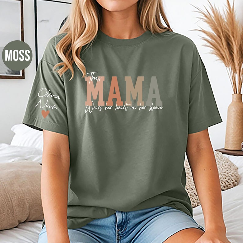 Custom This Mama Wears Her Heart On Her Sleeve Shirt, Personalized Mom Shirt With Kids Names, Mom Tshirt, Mothers Day Gift
