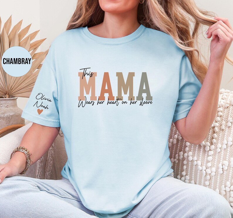 Custom This Mama Wears Her Heart On Her Sleeve Shirt, Personalized Mom Shirt With Kids Names, Mom Tshirt, Mothers Day Gift