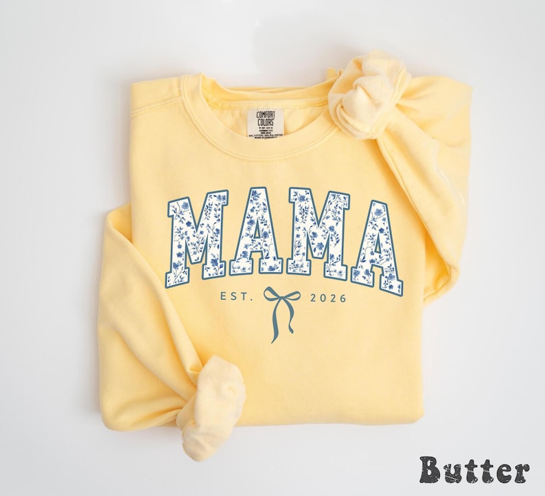 Custom Mama Sweatshirt, Retro Blue Toile Floral Est 2026 Crewneck, Coquette Mom Gift, Personalized New Mom Shirt With Bow