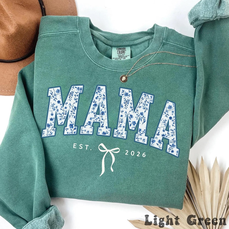 Custom Mama Sweatshirt, Retro Blue Toile Floral Est 2026 Crewneck, Coquette Mom Gift, Personalized New Mom Shirt With Bow