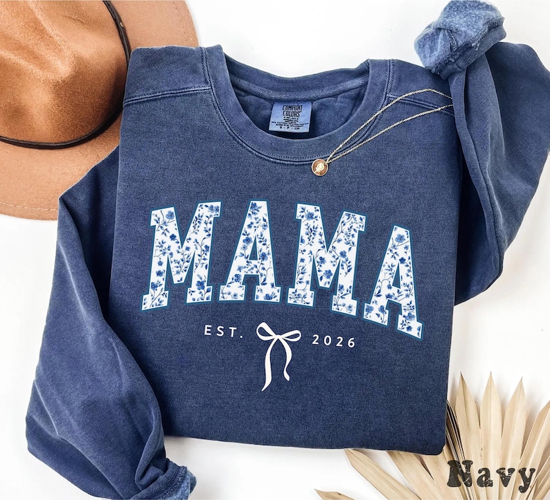 Custom Mama Sweatshirt, Retro Blue Toile Floral Est 2026 Crewneck, Coquette Mom Gift, Personalized New Mom Shirt With Bow