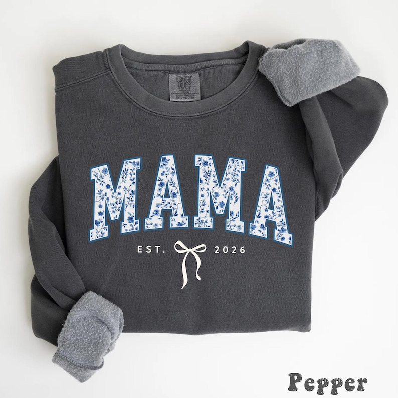 Custom Mama Sweatshirt, Retro Blue Toile Floral Est 2026 Crewneck, Coquette Mom Gift, Personalized New Mom Shirt With Bow