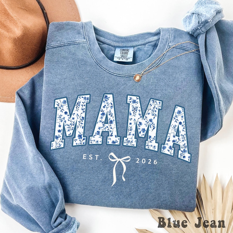 Custom Mama Sweatshirt, Retro Blue Toile Floral Est 2026 Crewneck, Coquette Mom Gift, Personalized New Mom Shirt With Bow