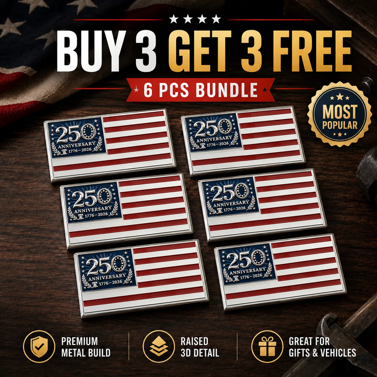 250th Anniversary USA Heritage Car Flag Emblem