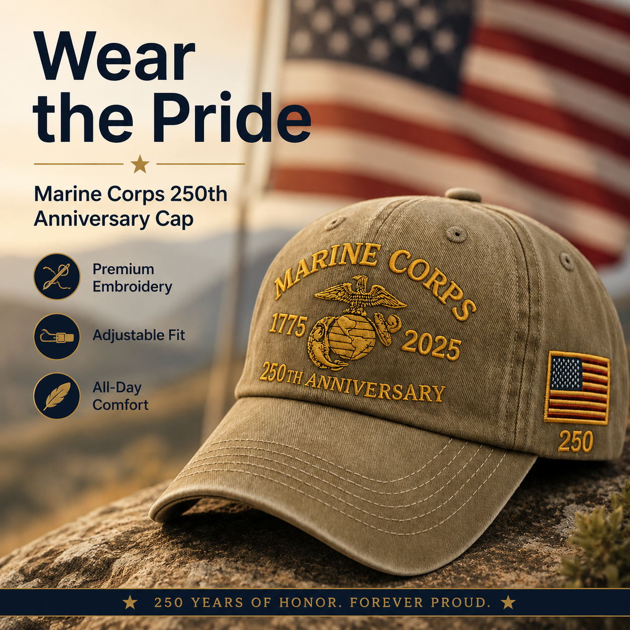 250th USMC Retro Embroidered Cap🎁 Free Honor Coin With Every Cap Purchase