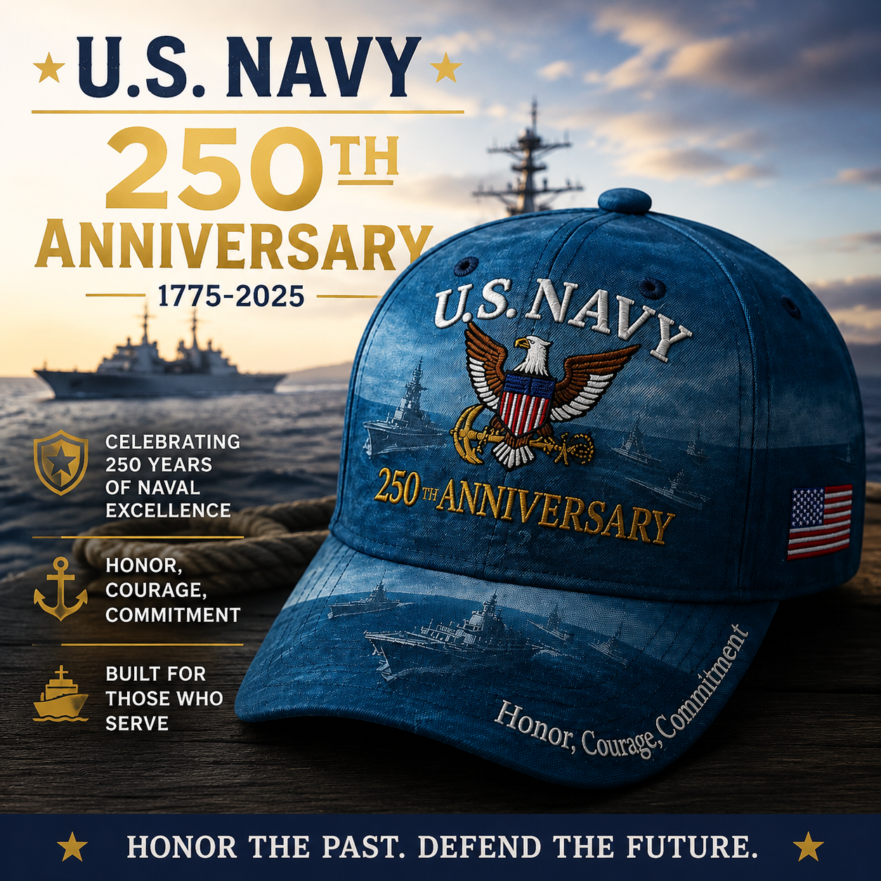 ⚓U.S. Navy 250th Anniversary Commemorative Embroidered Cap 🇺🇸