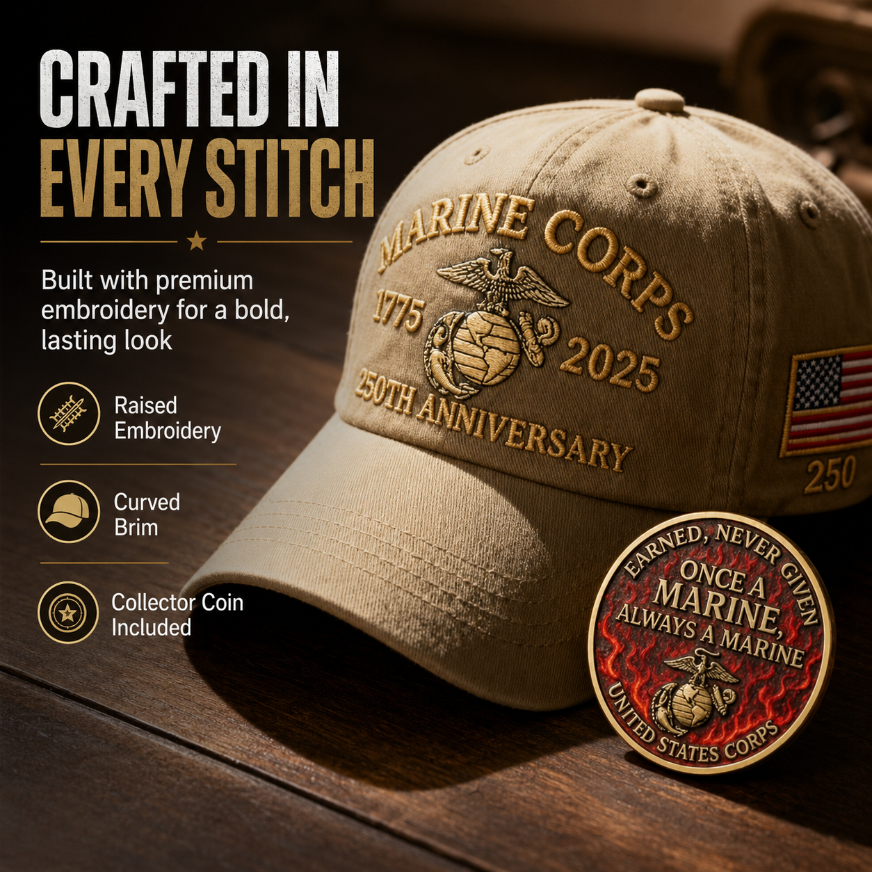 250th USMC Retro Embroidered Cap🎁 Free Honor Coin With Every Cap Purchase