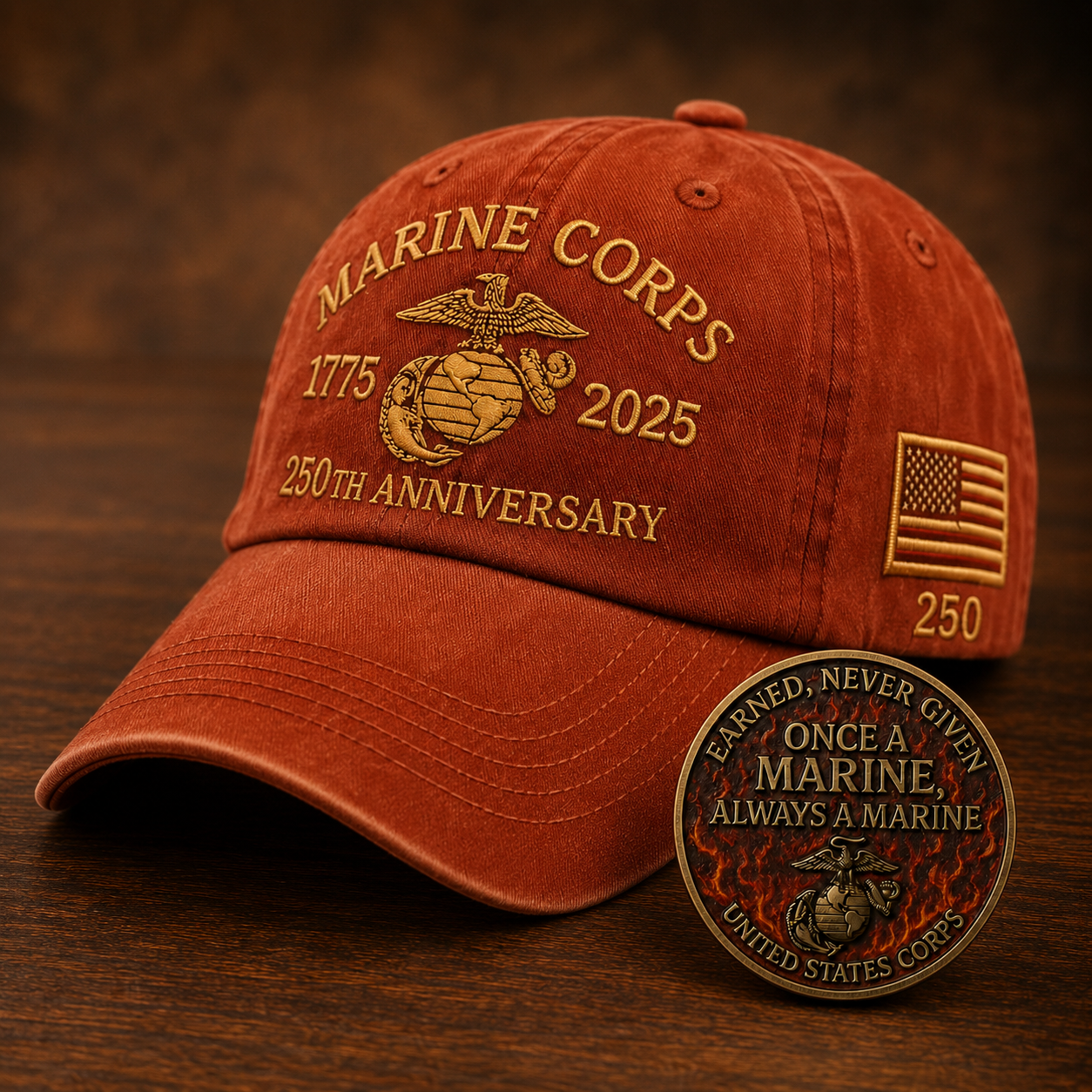 250th USMC Retro Embroidered Cap🎁 Free Honor Coin With Every Cap Purchase