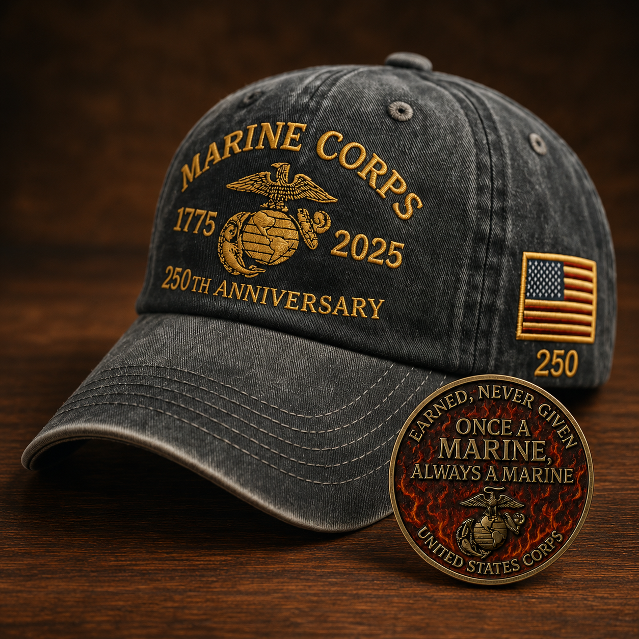 250th USMC Retro Embroidered Cap🎁 Free Honor Coin With Every Cap Purchase