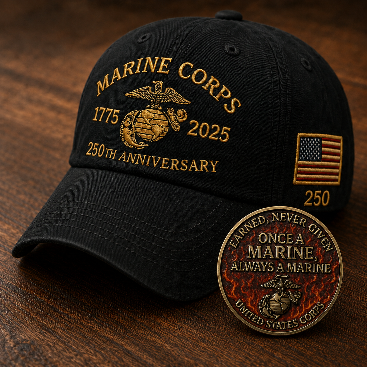 250th USMC Retro Embroidered Cap🎁 Free Honor Coin With Every Cap Purchase