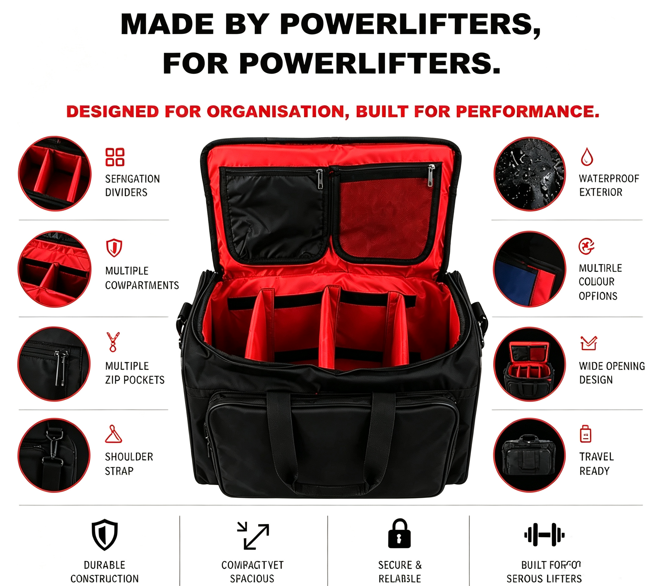 Lifter’s Duffle Bag – 33.6L, 3 Padded Dividers, Water‑Resistant, Carry‑On Approved