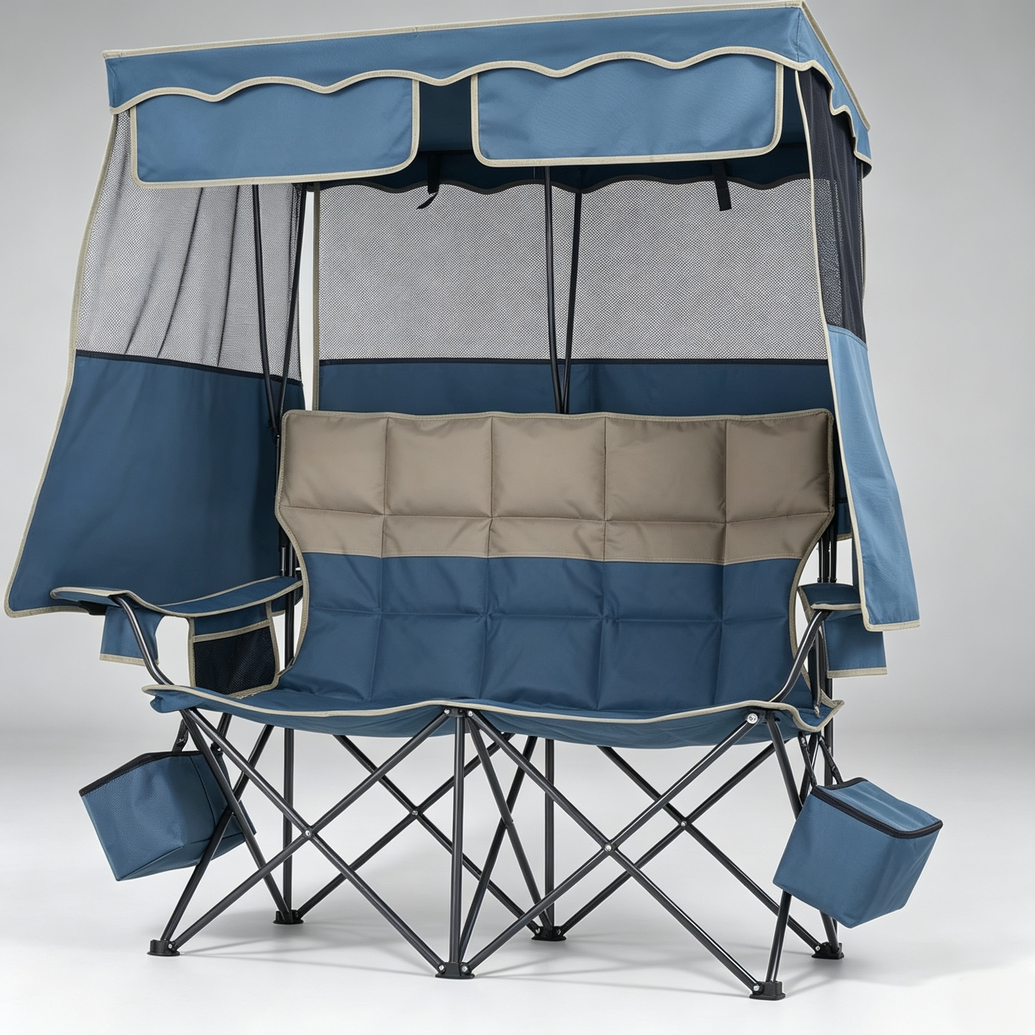 Double Camping Chair with Canopy – 330lb Capacity, Cooler Bag, Cup Holder, Folding