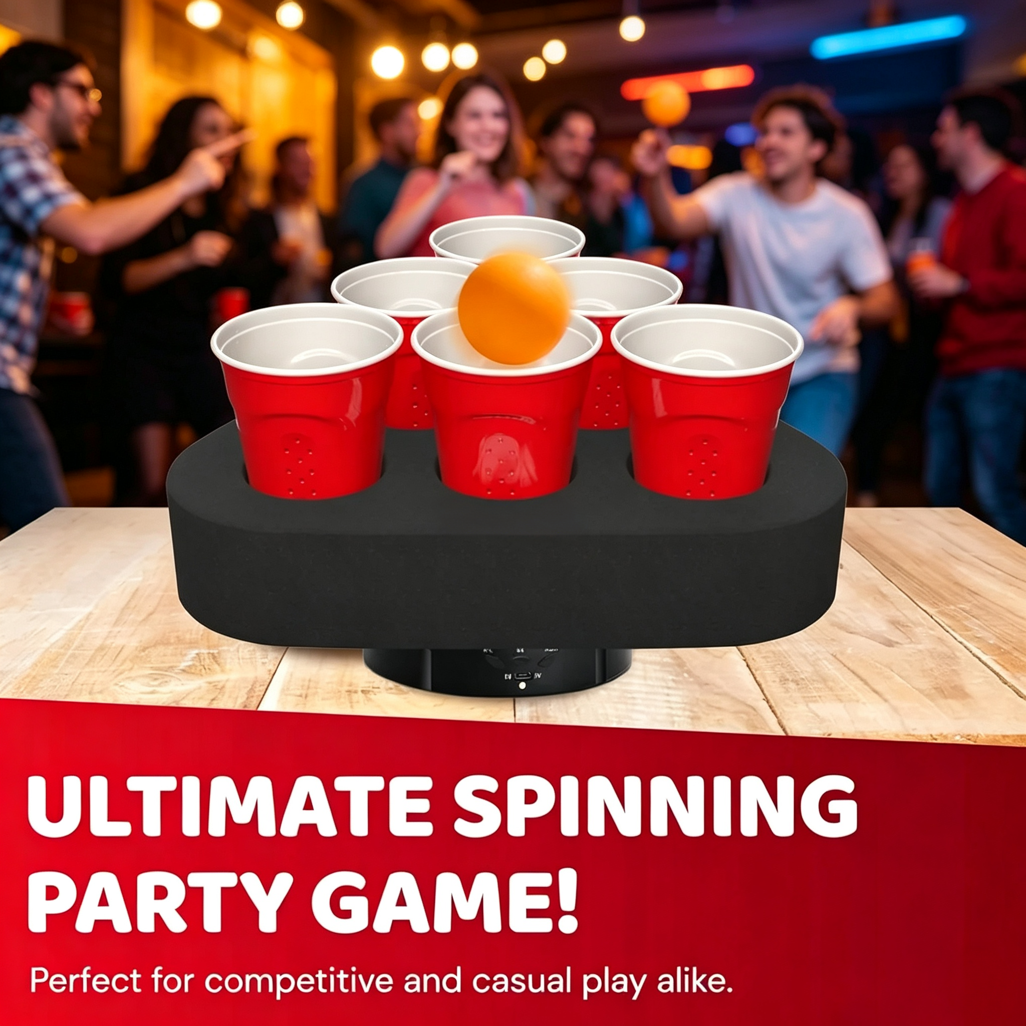 Spinning Cup Pong Game – USB‑C Rechargeable, 3–5 Hour Battery, for Parties, Tailgates & Dorms