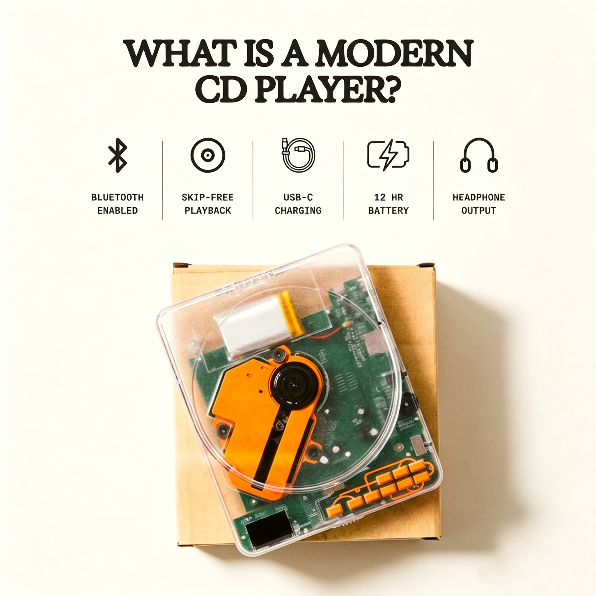 CD Player with Bluetooth & Wired Output – Transparent Shell, 100‑Second Anti‑Shock, 12+ Hour Battery
