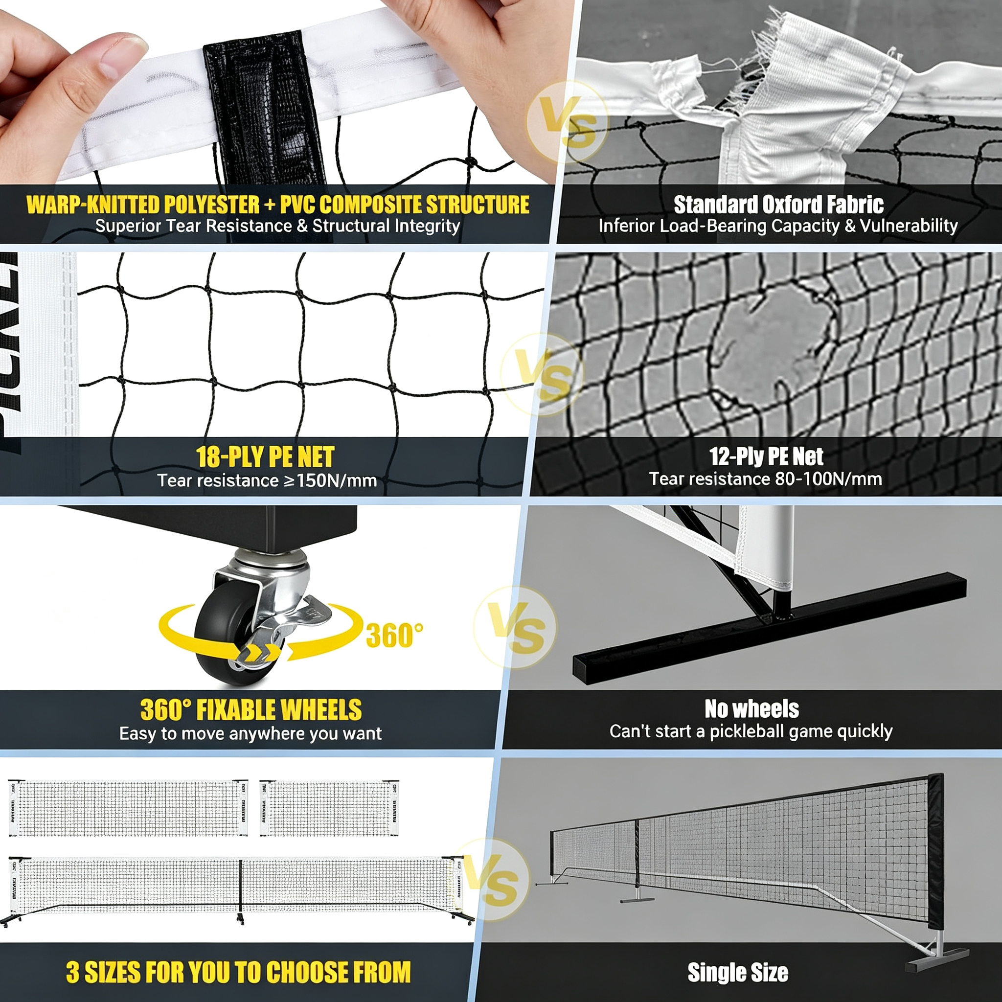 Convertible Pickleball Net Set – 6ft/11ft/22ft, Portable Wheeled Base, Heavy‑Duty 18‑Layer PE, Tool‑Free Assembly