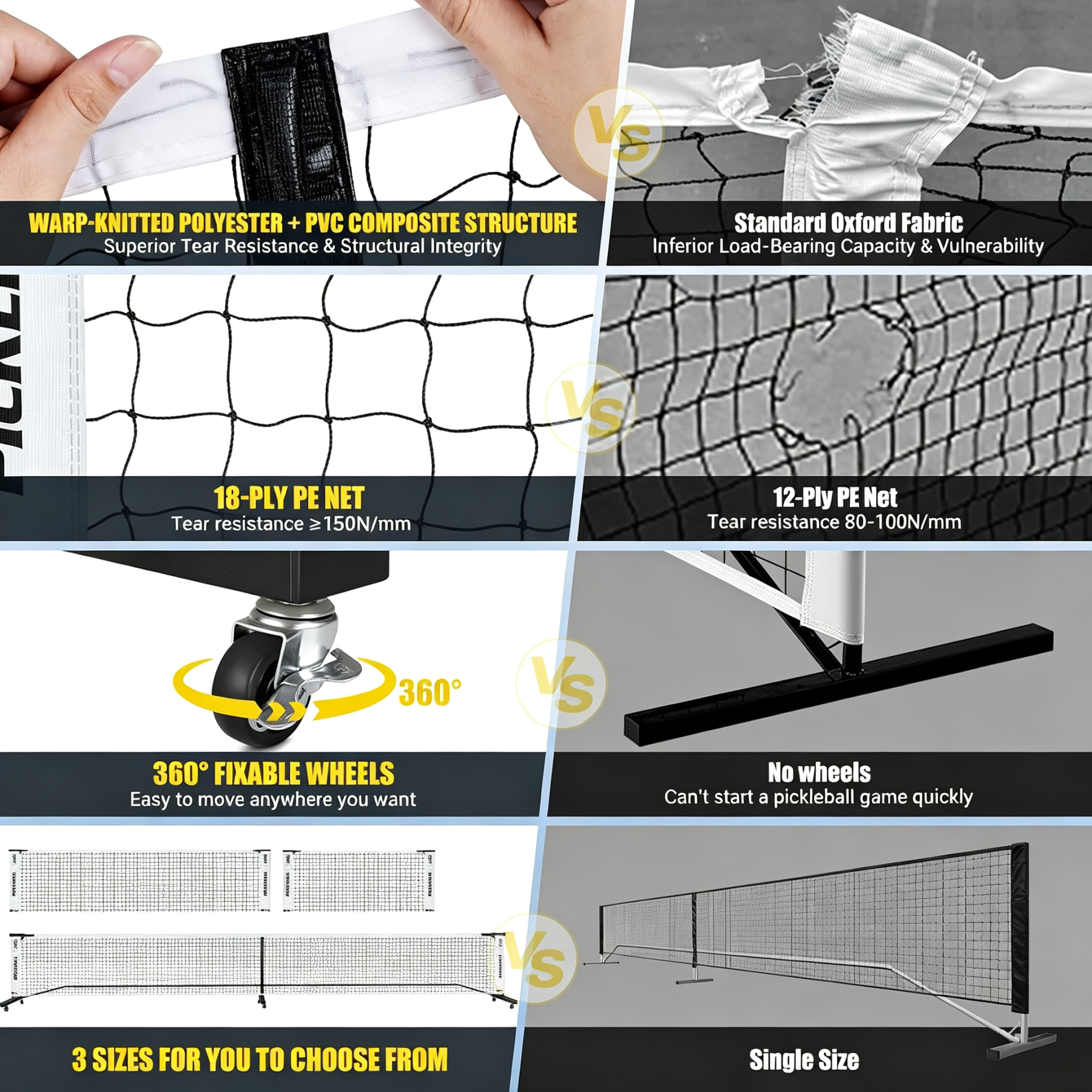 Convertible Pickleball Net Set – 6ft/11ft/22ft, Portable Wheeled Base, Heavy‑Duty 18‑Layer PE, Tool‑Free Assembly