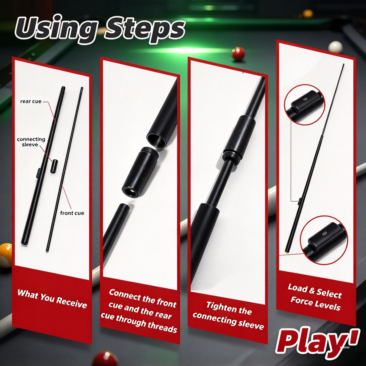 Automatic Pool Cue – Spring‑Loaded, 3 Power Levels, 63″ Standard Length