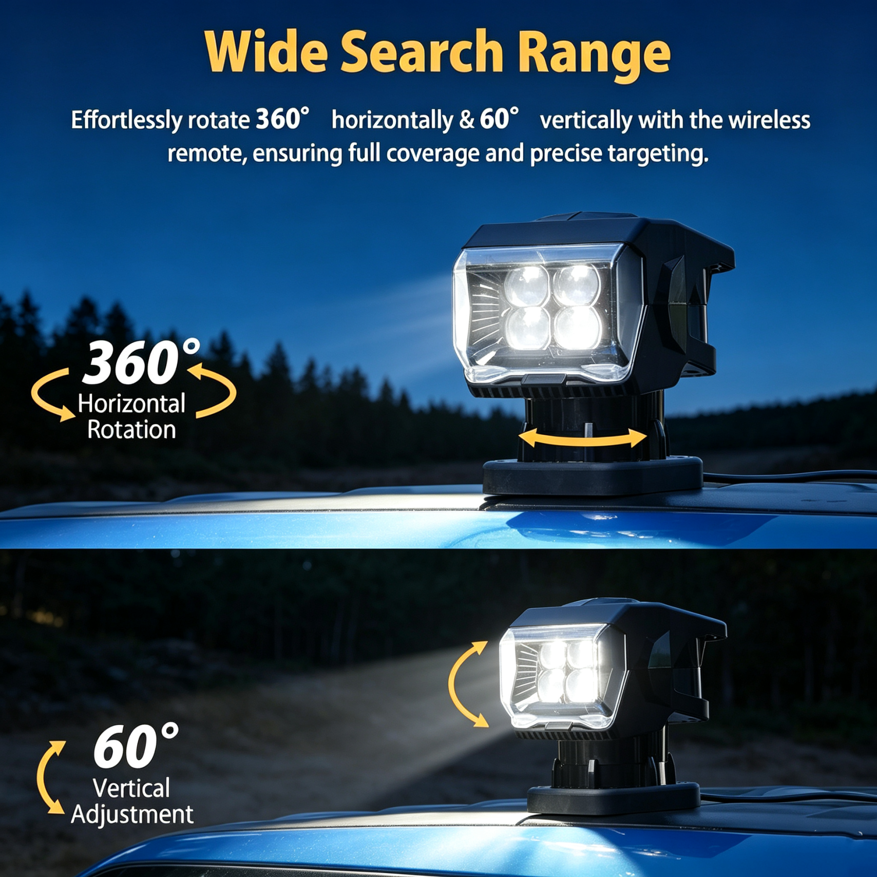 Wireless Remote Spotlight – 7500 Lumens, 6500K, 360° Rotation, 328ft Range, Magnetic Mount