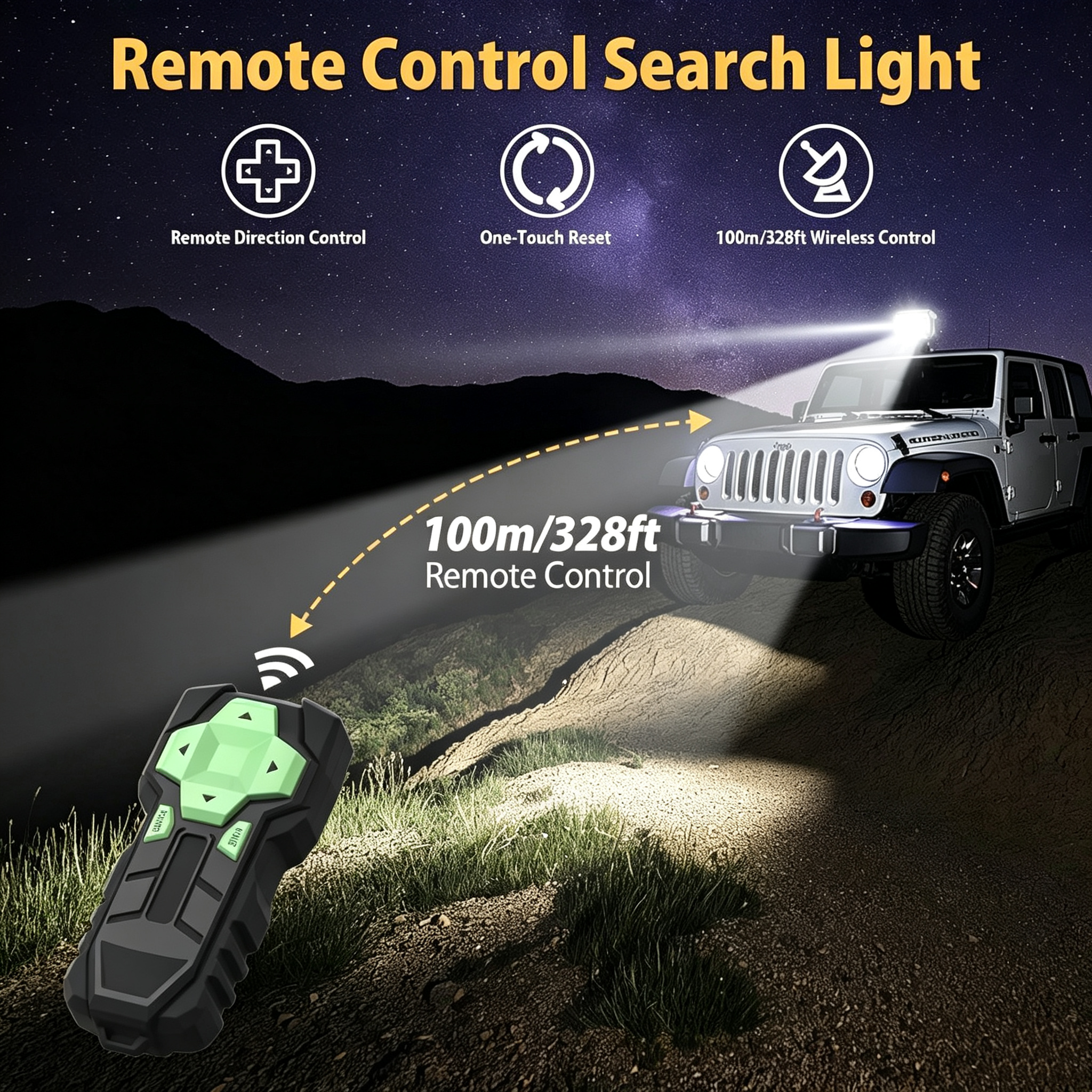 Wireless Remote Spotlight – 7500 Lumens, 6500K, 360° Rotation, 328ft Range, Magnetic Mount