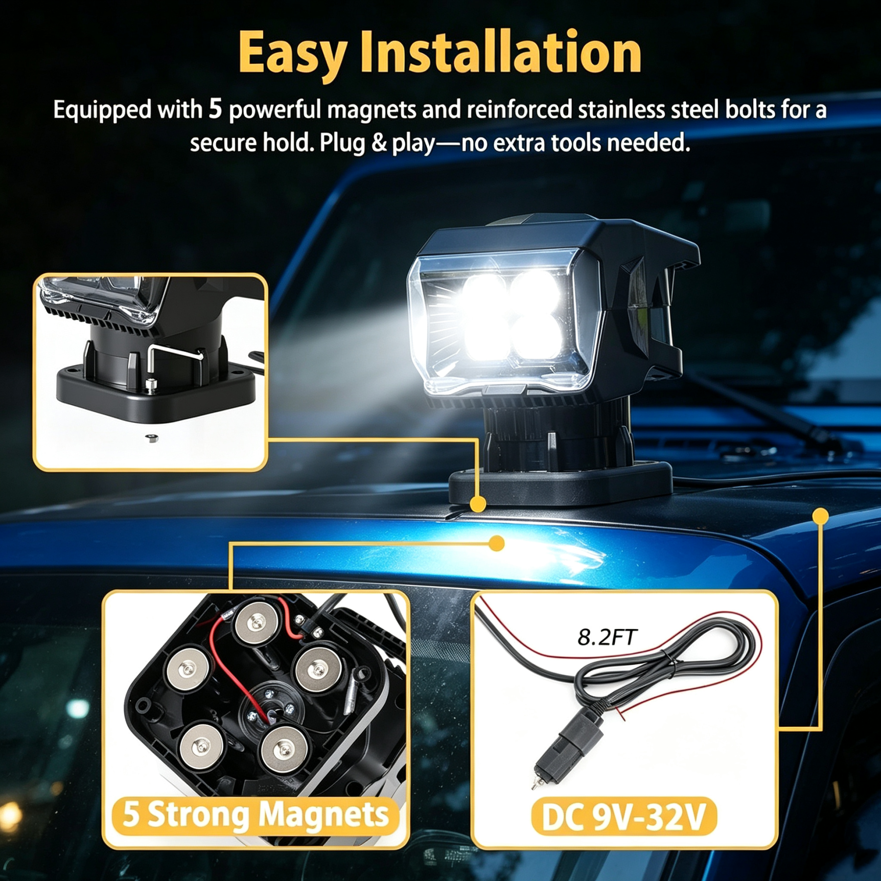 Wireless Remote Spotlight – 7500 Lumens, 6500K, 360° Rotation, 328ft Range, Magnetic Mount