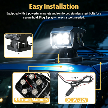 Wireless Remote Spotlight – 7500 Lumens, 6500K, 360° Rotation, 328ft Range, Magnetic Mount