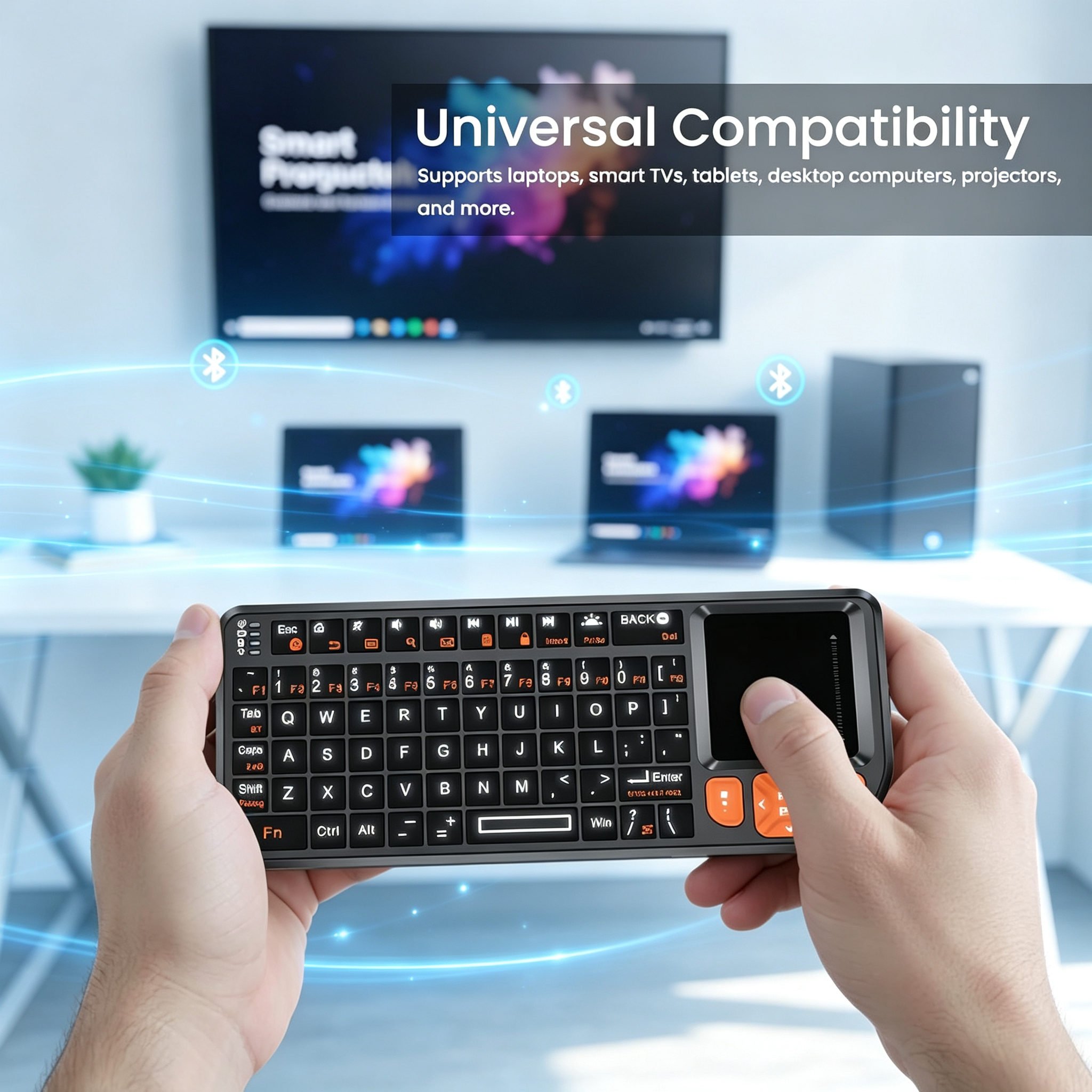 Mini Bluetooth Keyboard with Touchpad – 2.4GHz + BT, Rotating Touchpad, 7‑Color Backlight, Laser Pointer