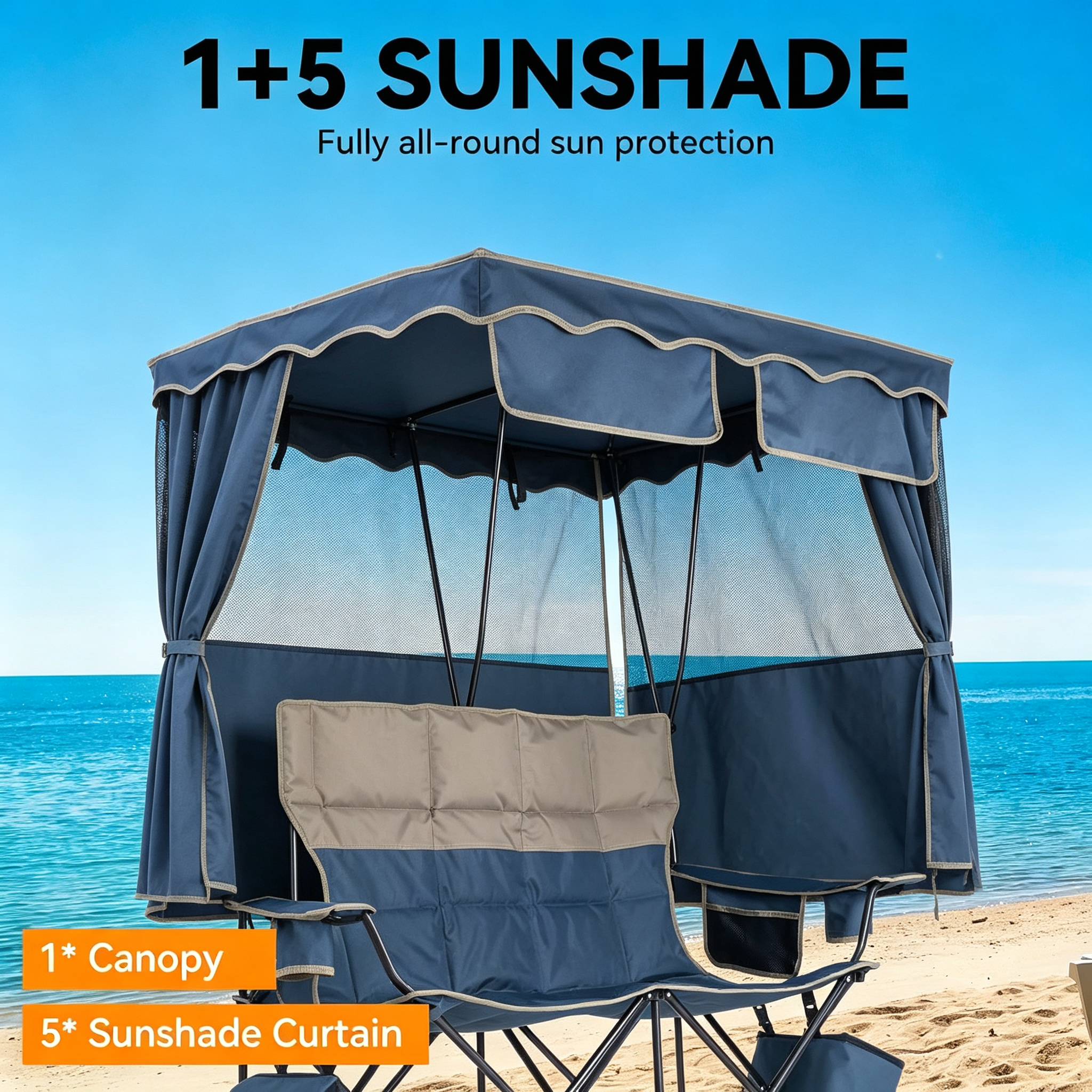 Double Camping Chair with Canopy – 330lb Capacity, Cooler Bag, Cup Holder, Folding