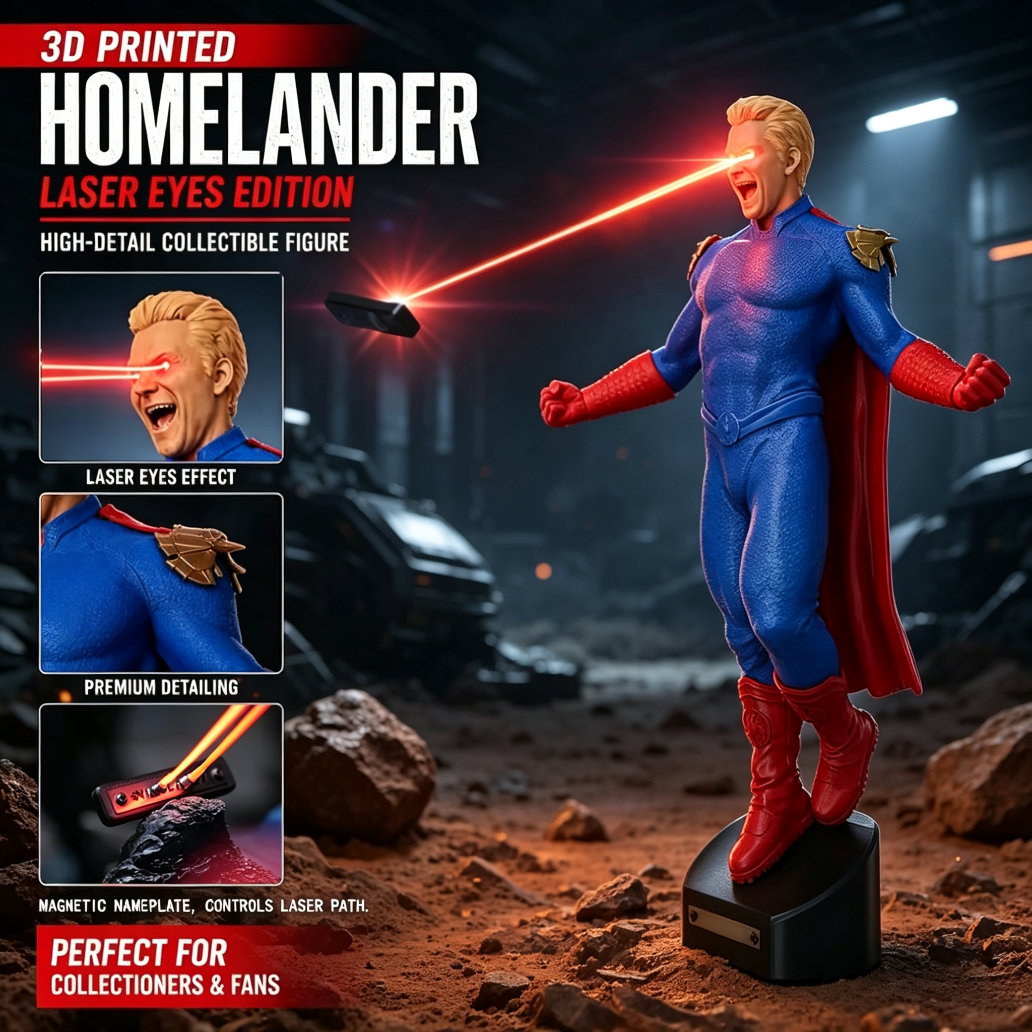 Laser Eyes Hero Figure – LED Light‑Up Collectible, 30cm, USB‑C Rechargeable