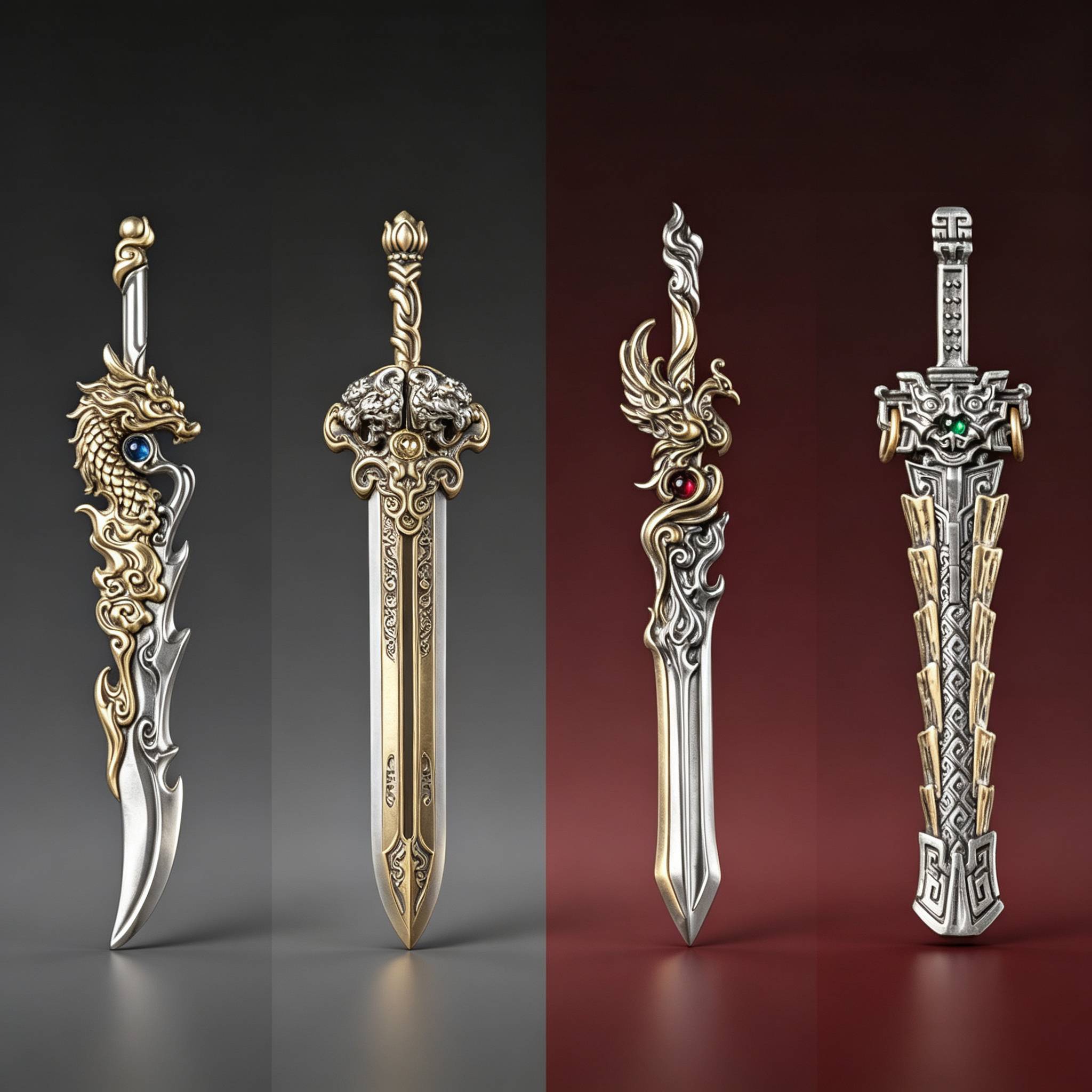 Blade Vault Display – Eastern Ceremonial Weapon Collection, 4 Mythic Blades, Collectible Art Object