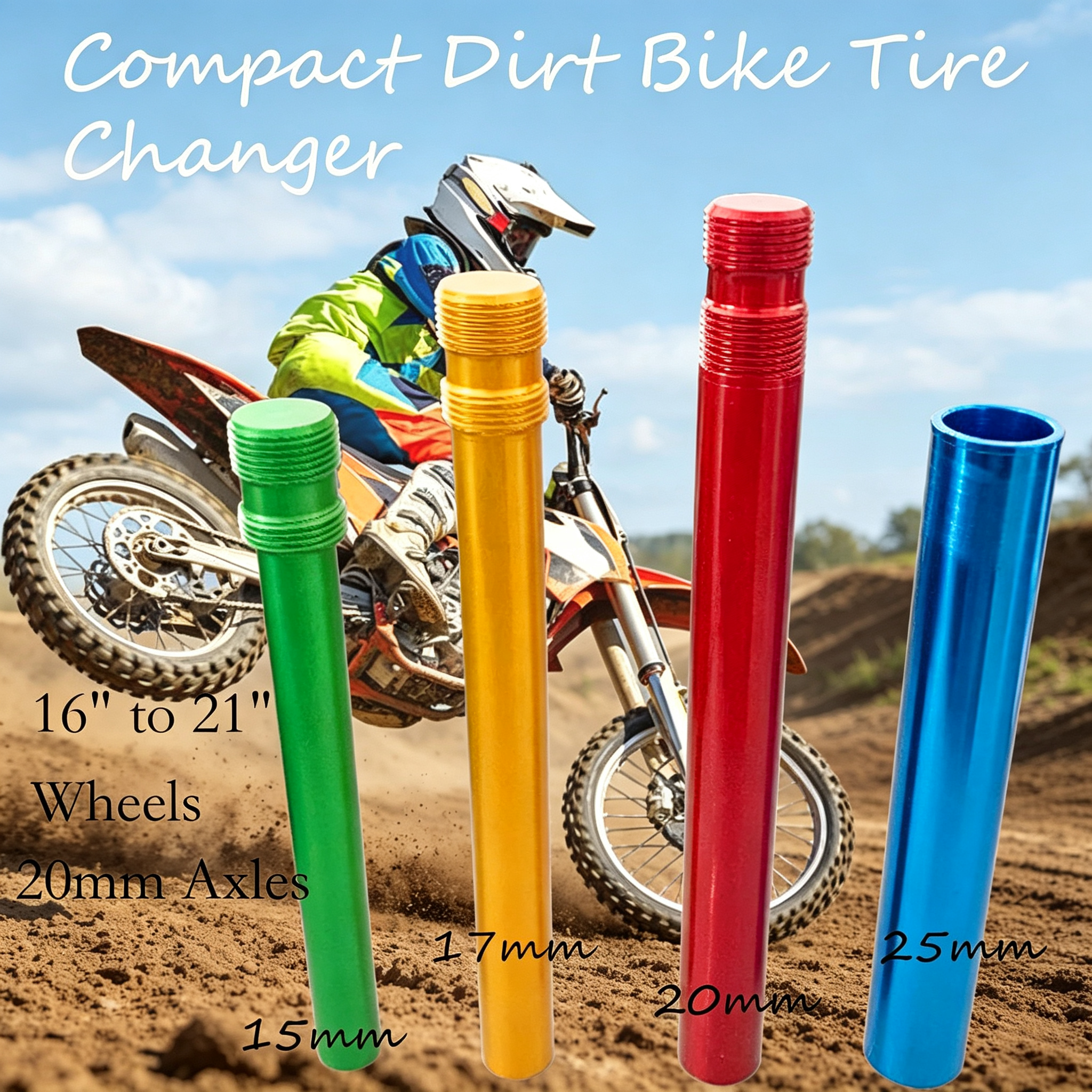 Tire Changing Tool Kit – Clip‑Free Design, Fits 14″–21″ Wheels, 20mm Axle, for Enduro & Dirt Bikes