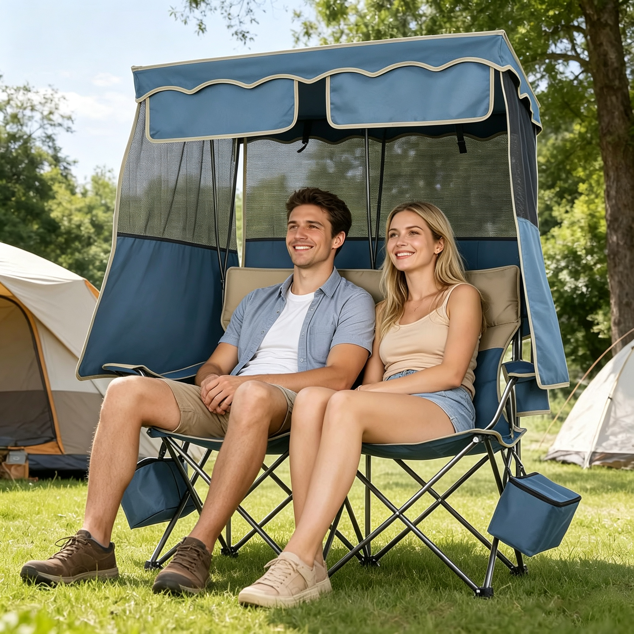 Double Camping Chair with Canopy – 330lb Capacity, Cooler Bag, Cup Holder, Folding