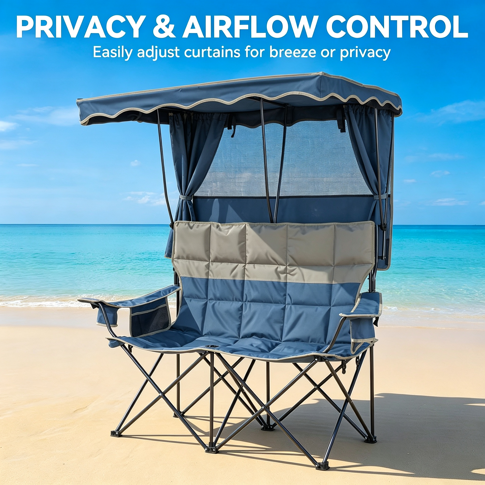 Double Camping Chair with Canopy – 330lb Capacity, Cooler Bag, Cup Holder, Folding