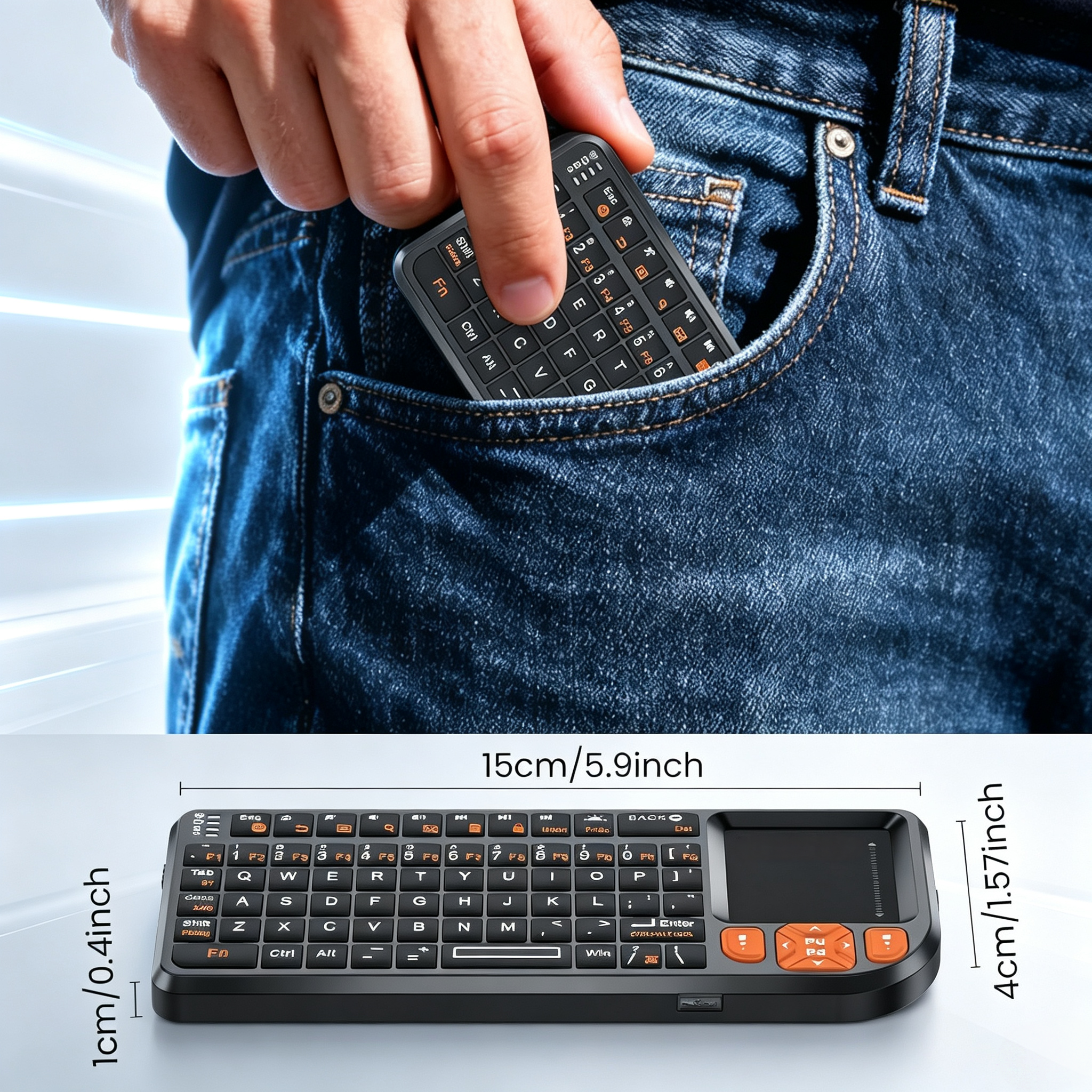 Mini Bluetooth Keyboard with Touchpad – 2.4GHz + BT, Rotating Touchpad, 7‑Color Backlight, Laser Pointer