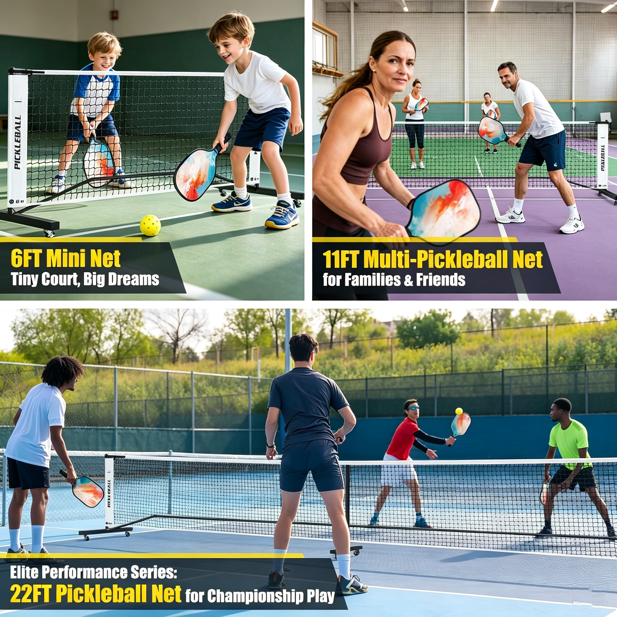 Convertible Pickleball Net Set – 6ft/11ft/22ft, Portable Wheeled Base, Heavy‑Duty 18‑Layer PE, Tool‑Free Assembly