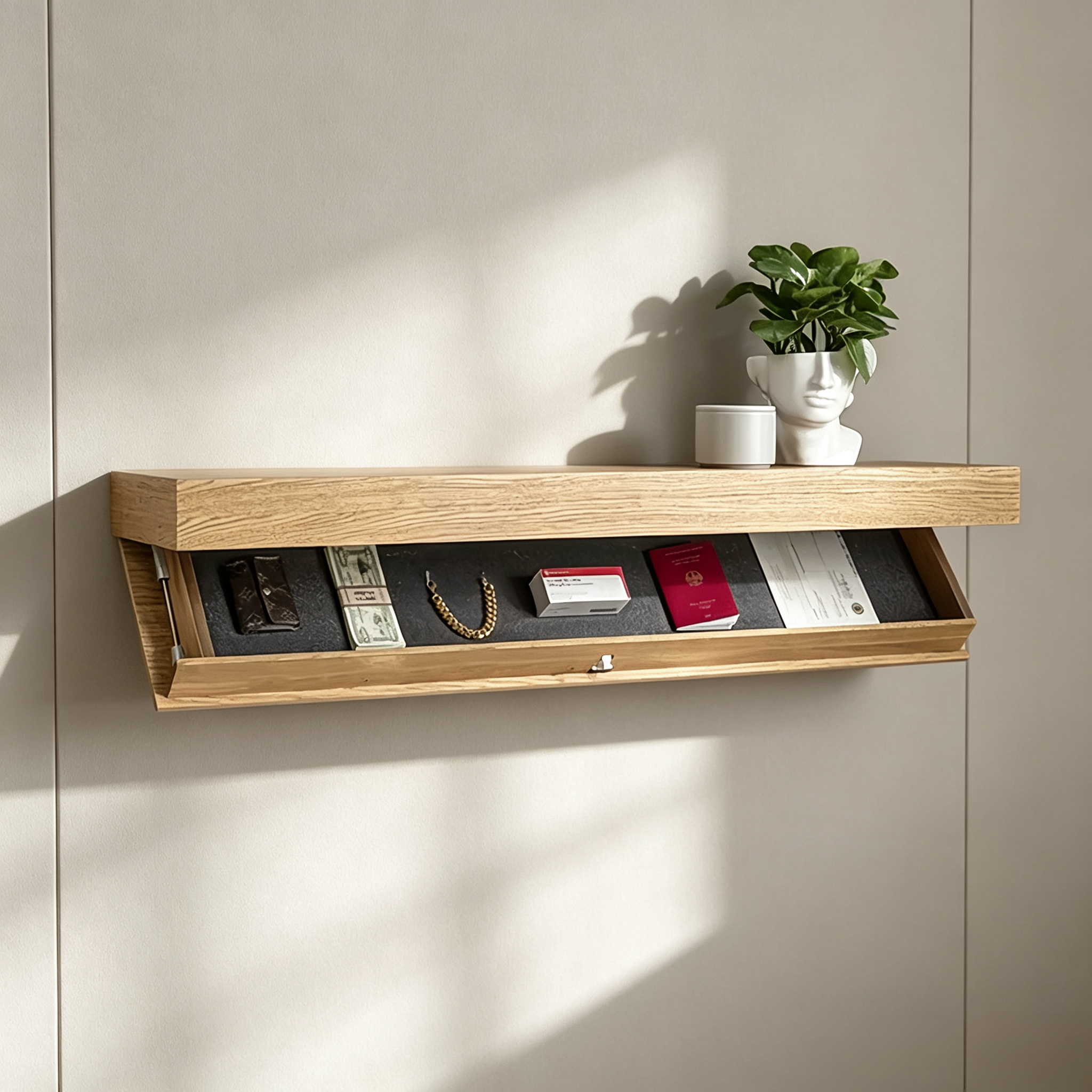 Floating Wall Shelf with Hidden Secret Compartment & Modern Home Storage Design