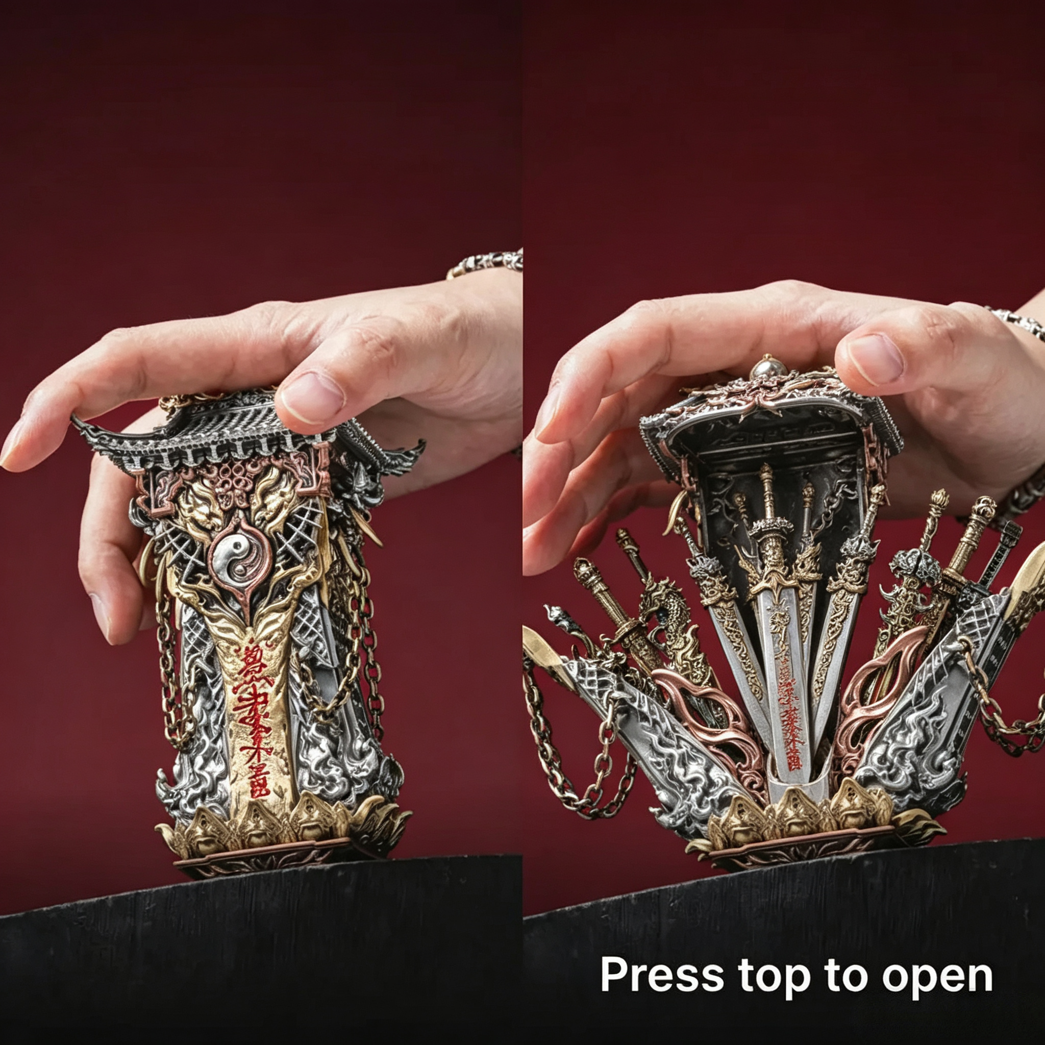 Blade Vault Display – Eastern Ceremonial Weapon Collection, 4 Mythic Blades, Collectible Art Object